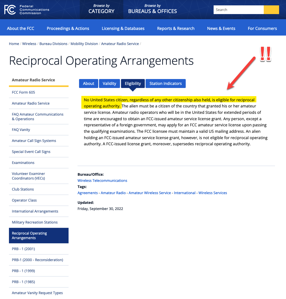 Reciprocal Operating Arrangements as shown on the FCC Web Site